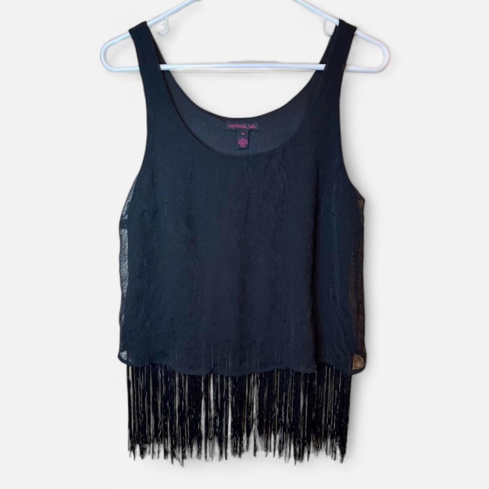 Material Girl Black Fringe Tank Top | Sheer Overlay | Size Medium